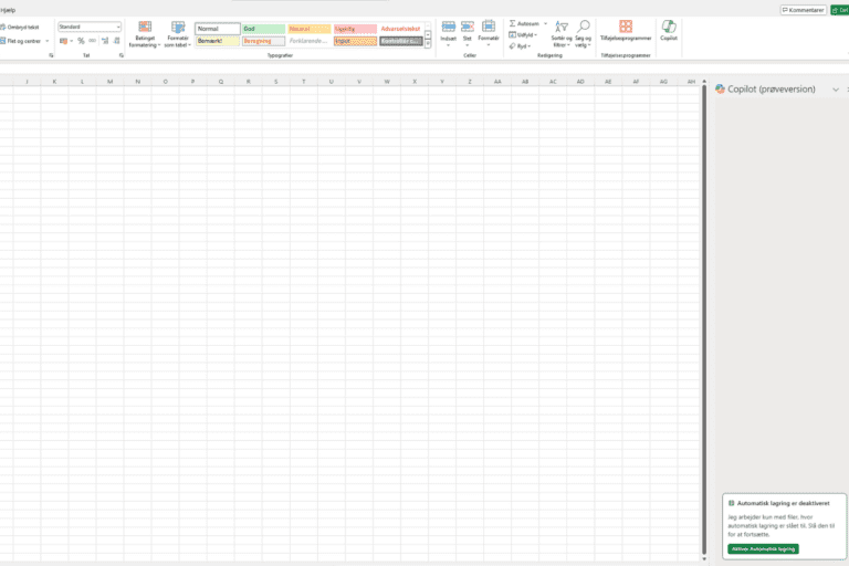 Skærmbillede af Excel hvor Copilot er åben. Selvom det stadig er en beta/ prøveversion er det stadig en del af kurset.