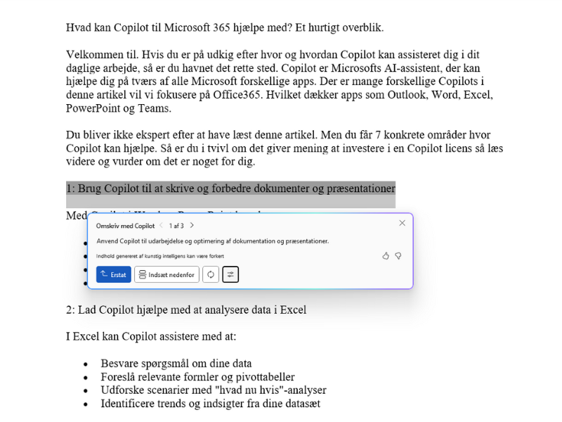 Skærmbillede med eksempel fra Word. Viser eksempel hvor jeg får forslag til at omskrive overskriften til afsnittet om word.