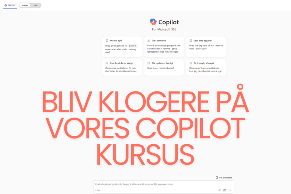 Screenshot af Microsoft Copilot. Tekst over hvor der står "Bliv klogere på vores copilot kursus".