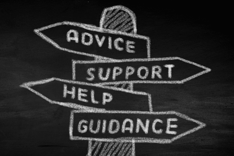 Skilte hvor der står advice, support, help og guidance. Viser at der efter kurset er support og opfølgning.