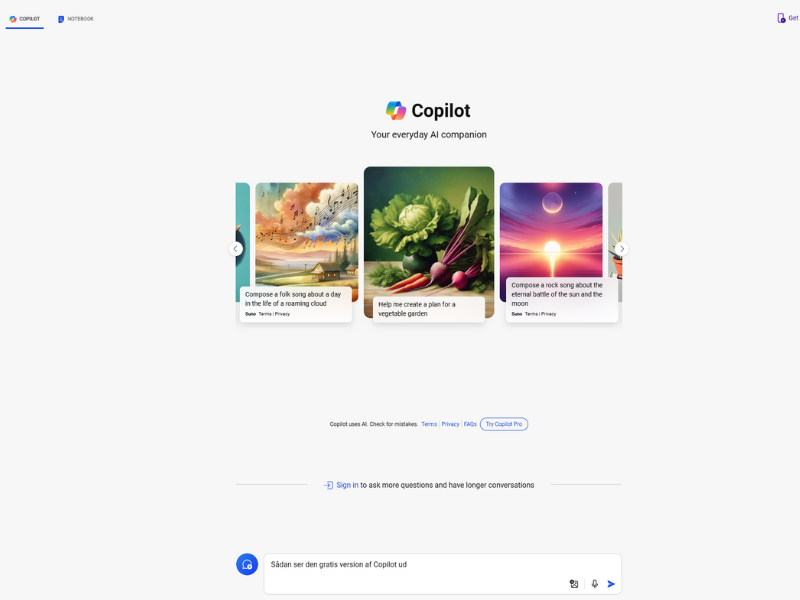 Skærmbillede af den gratis version af Copilot