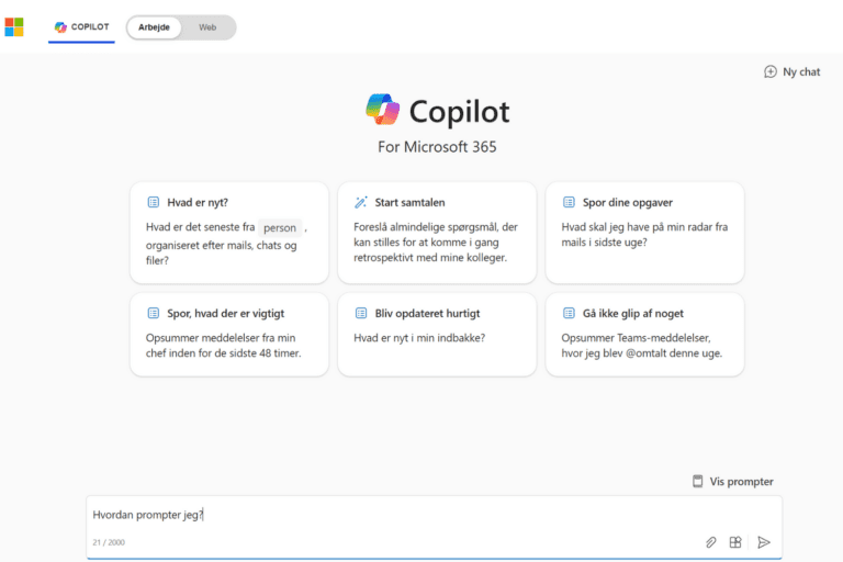 Screenshot af Copilot, hvor der i chatfeltet står "Hvordan prompter jeg?"