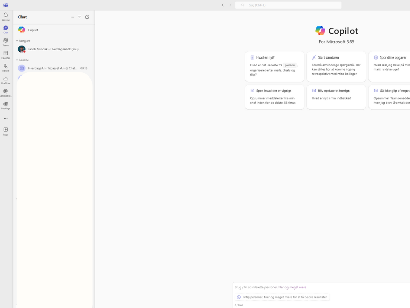 Screenshot fra Teams - Copilot kan direkte tilgås i Teams, hvor du kan chatte med dine filer, få svar på kalender mv.