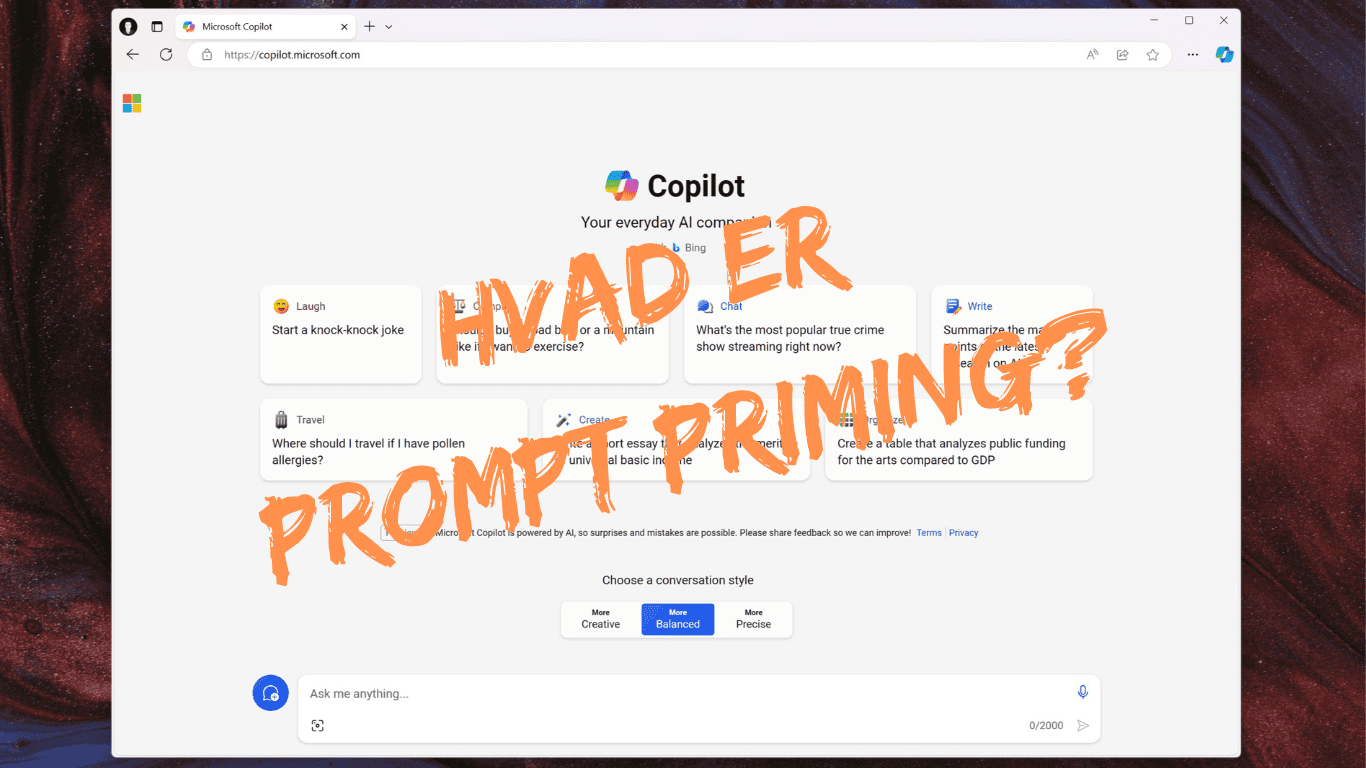 Billede hvor der over copilot står "Hvad er prompt priming"