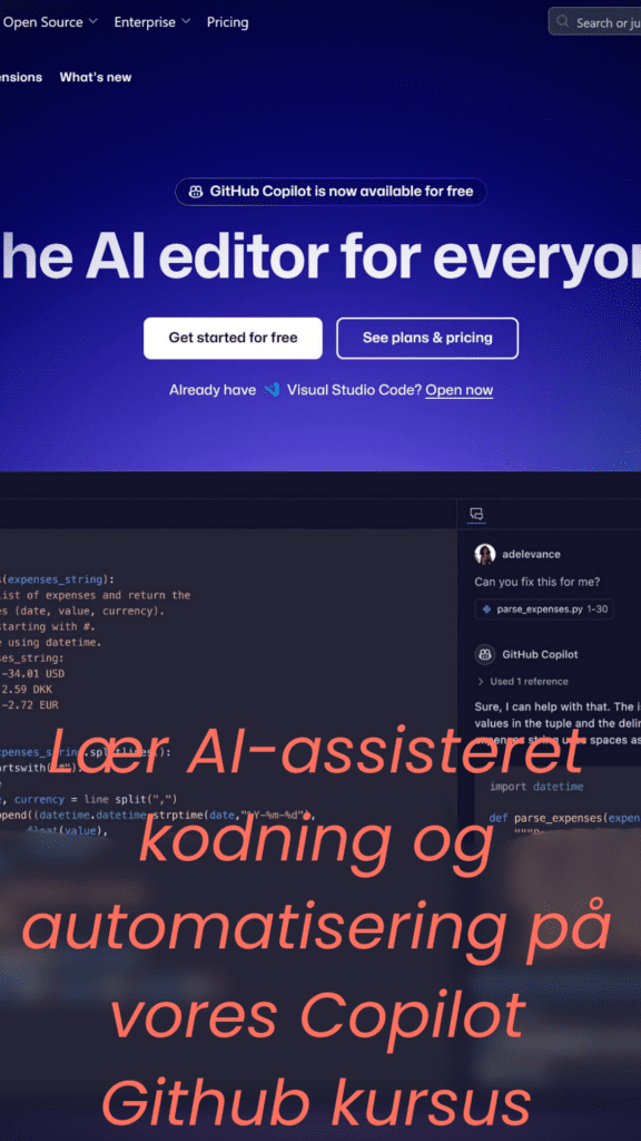 Billede med tekst: Lær AI-assisteret kodning og automatisering på vores Copilot Github kursus" ovenpå en baggrund med Github Copilot