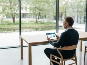 En dansk leder i et lyst, minimalistisk kontor analyserer en positiv Microsoft Copilot ROI på en tablet med grafer over produktivitetsstigninger. (AI-genereret billede)