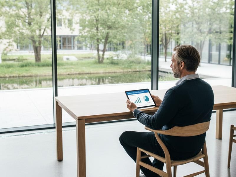 En dansk leder i et lyst, minimalistisk kontor analyserer en positiv Microsoft Copilot ROI på en tablet med grafer over produktivitetsstigninger. (AI-genereret billede)