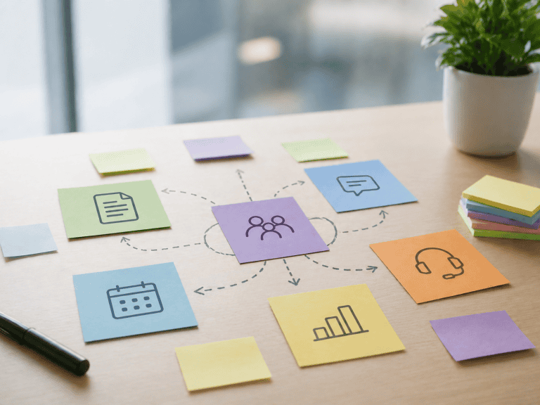 Image of post-it notes with different images on them to showcase how you define impact point in a Copillot Readiness Audit