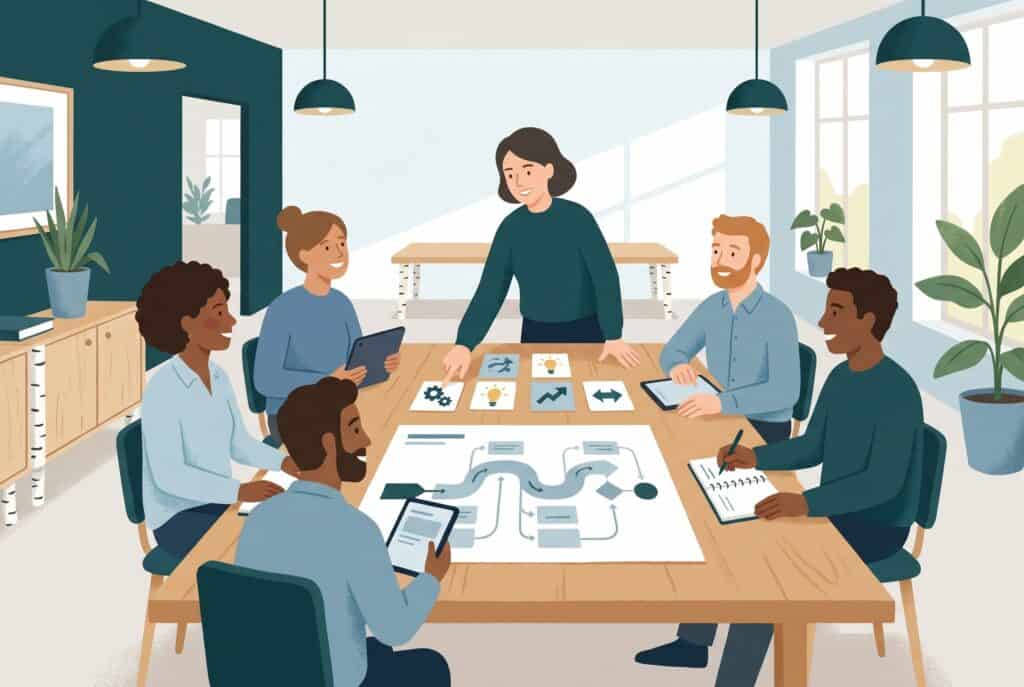 Illustration of a team around a table planning a Copilot Adoption Program