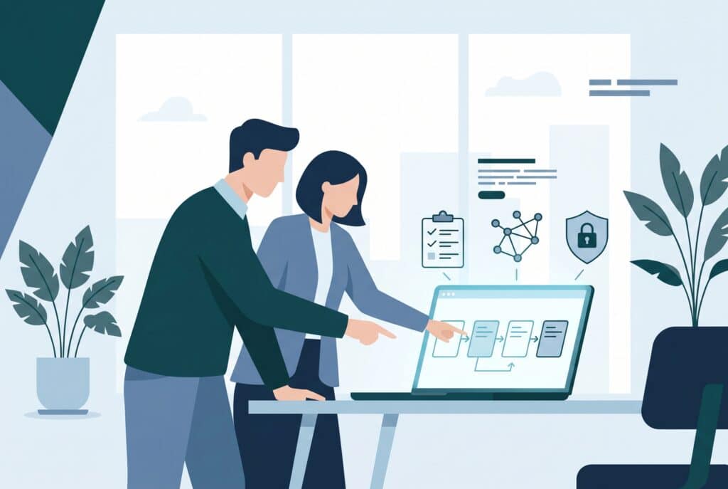 Illustrated image with two people working around a computer determining the AI and Copilot readiness of an organization