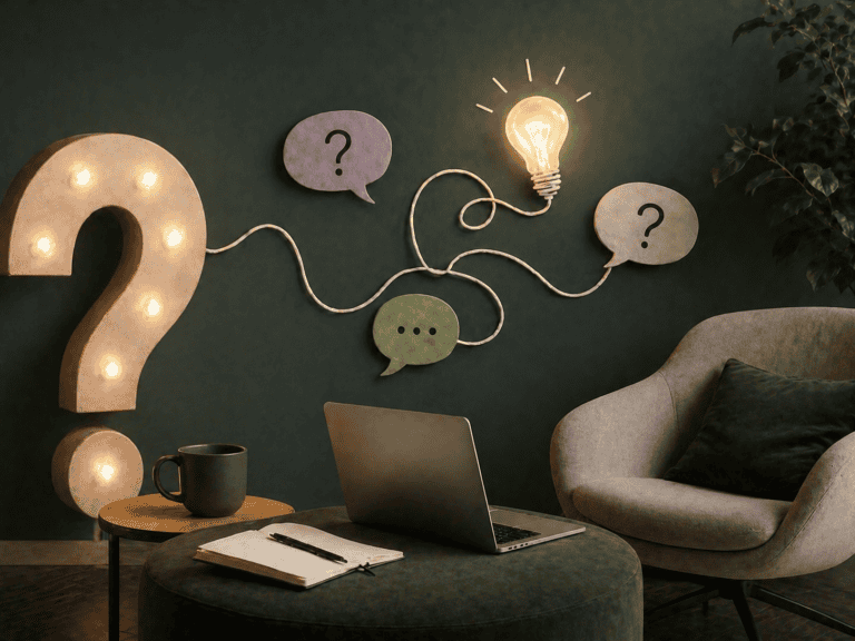 Billede af en stue med stol, puff, computer, notesbog, kaffekop, og et oplyst spørgsmålstegn på væggen for at vise QA sessions under et Copilot Adoption Program.