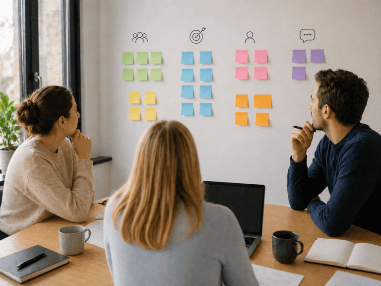 Billede af tre mennesker rundt om et bord, der kigger på en væg med en masse post-it notes for at vise at afklaringsforløb til Copilot Adoption Program