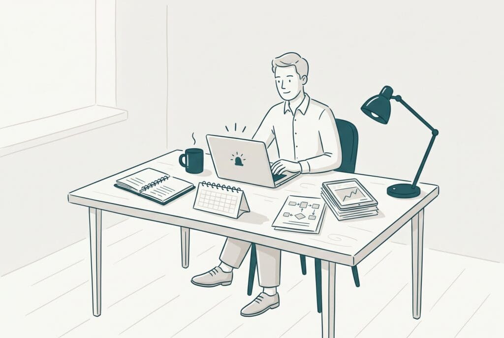 Illustration af en leder der sudder ved et skrivebord og arbejder på en computer med noter, notesbøger, o.l. rundt om sig. Dette afspejler et Copilot til Ledere kursus.