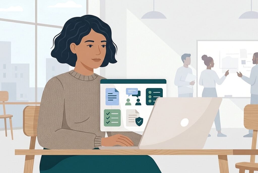 Illustration af kommunikationsmedarbejder, der bruger Microsoft Copilot til budskaber, kvalitetssikring og intern kommunikation