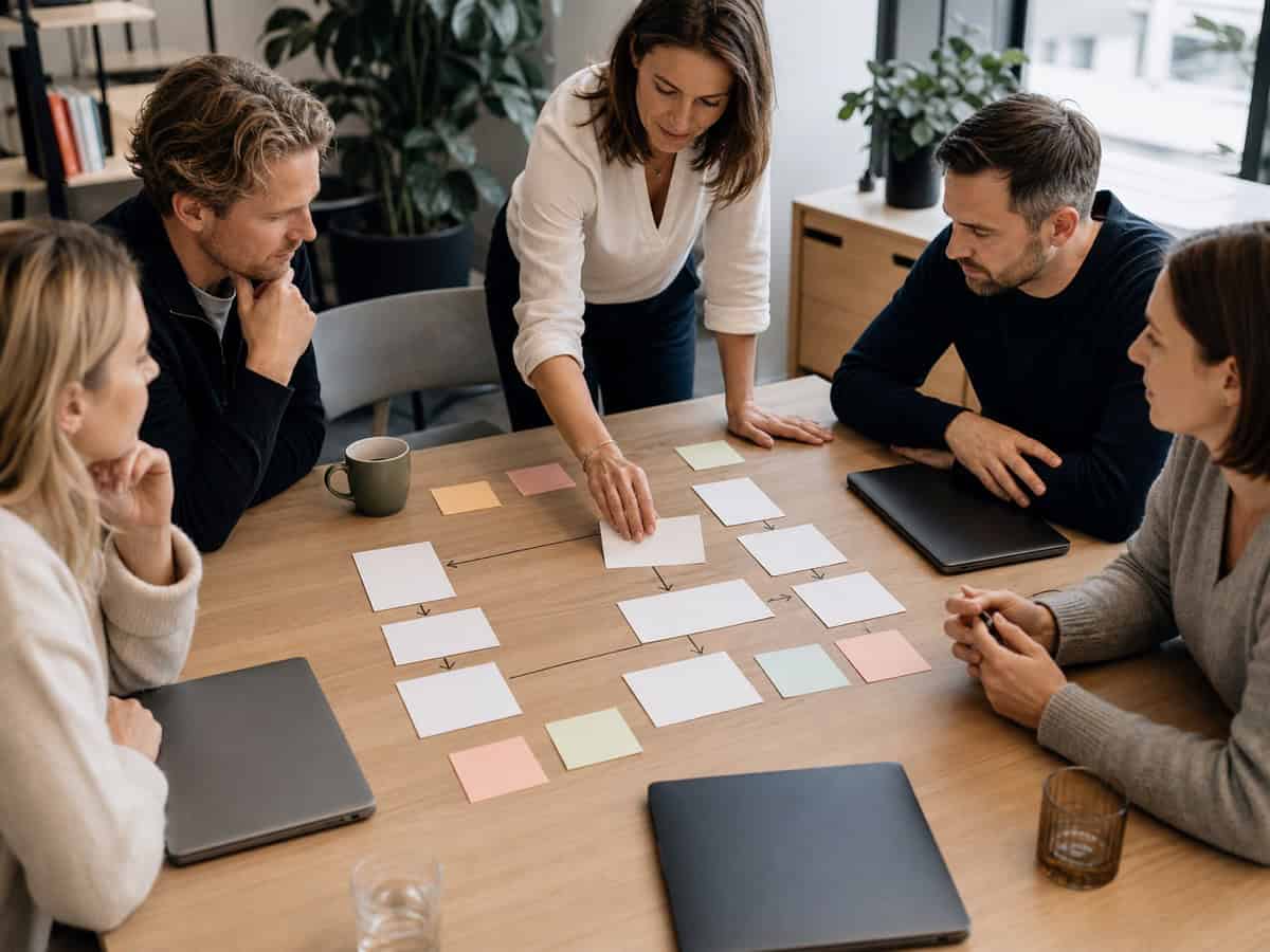 Team bygger en enkel beslutningsmodel for Copilot kursusformat med kort og flow.
