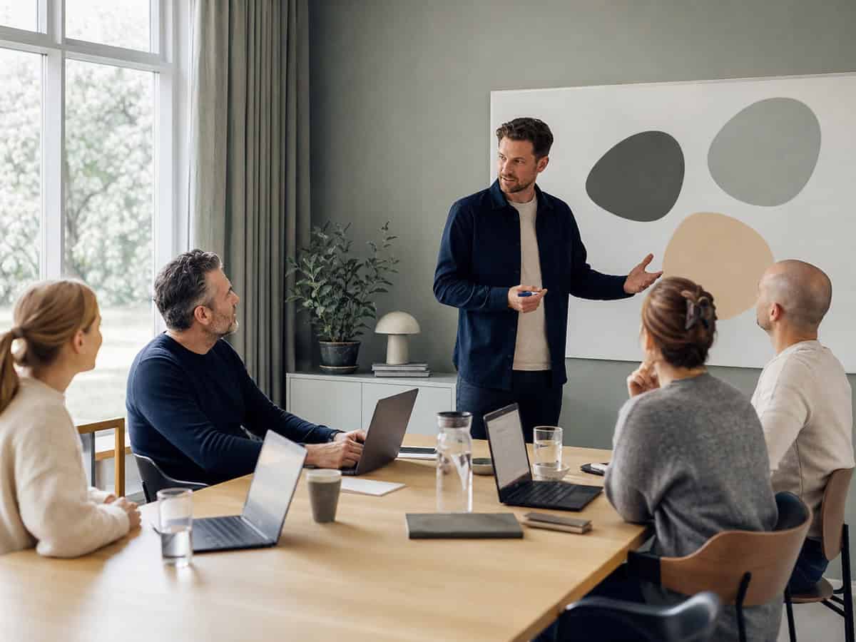 Underviser hjælper et team med at vælge det rigtige Microsoft Copilot kursusformat.