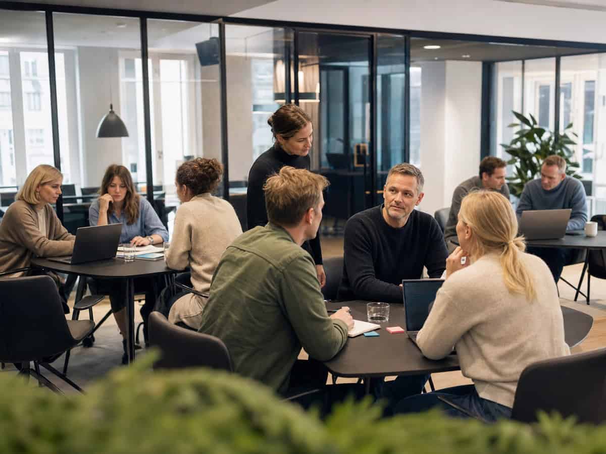 Flere teams arbejder praktisk med Copilot træning i et virksomhedskursus.